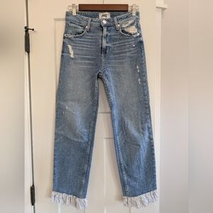 PAIGE Distressed Blue Jeans With White, Blue Stripe Ruffle Hem Women's size 25